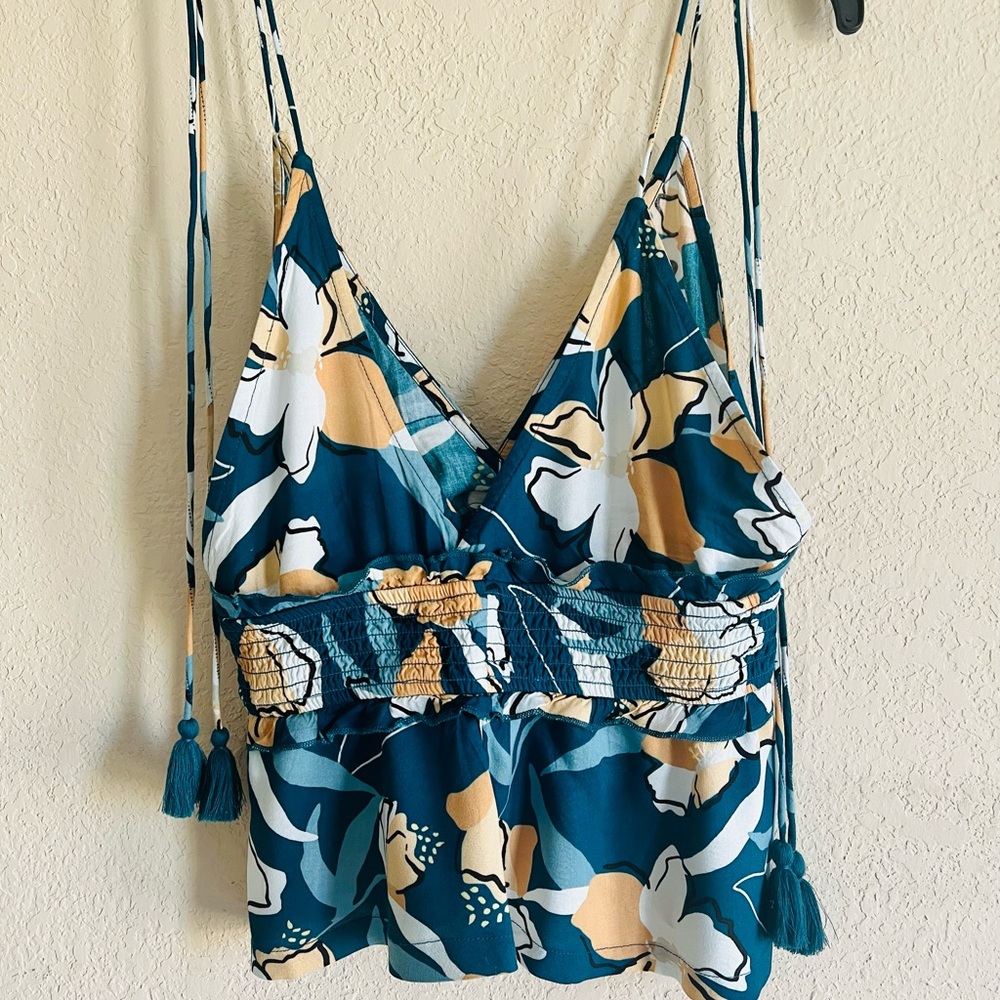 Roxy Teal Floral Tie-Shoulder Camisole with Tan and White Accents